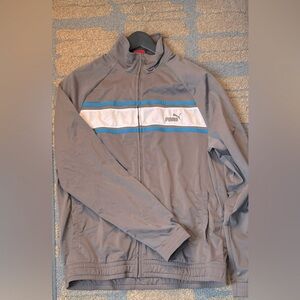 Puma Men's Gray Track Jacket with White and Blue Stripe